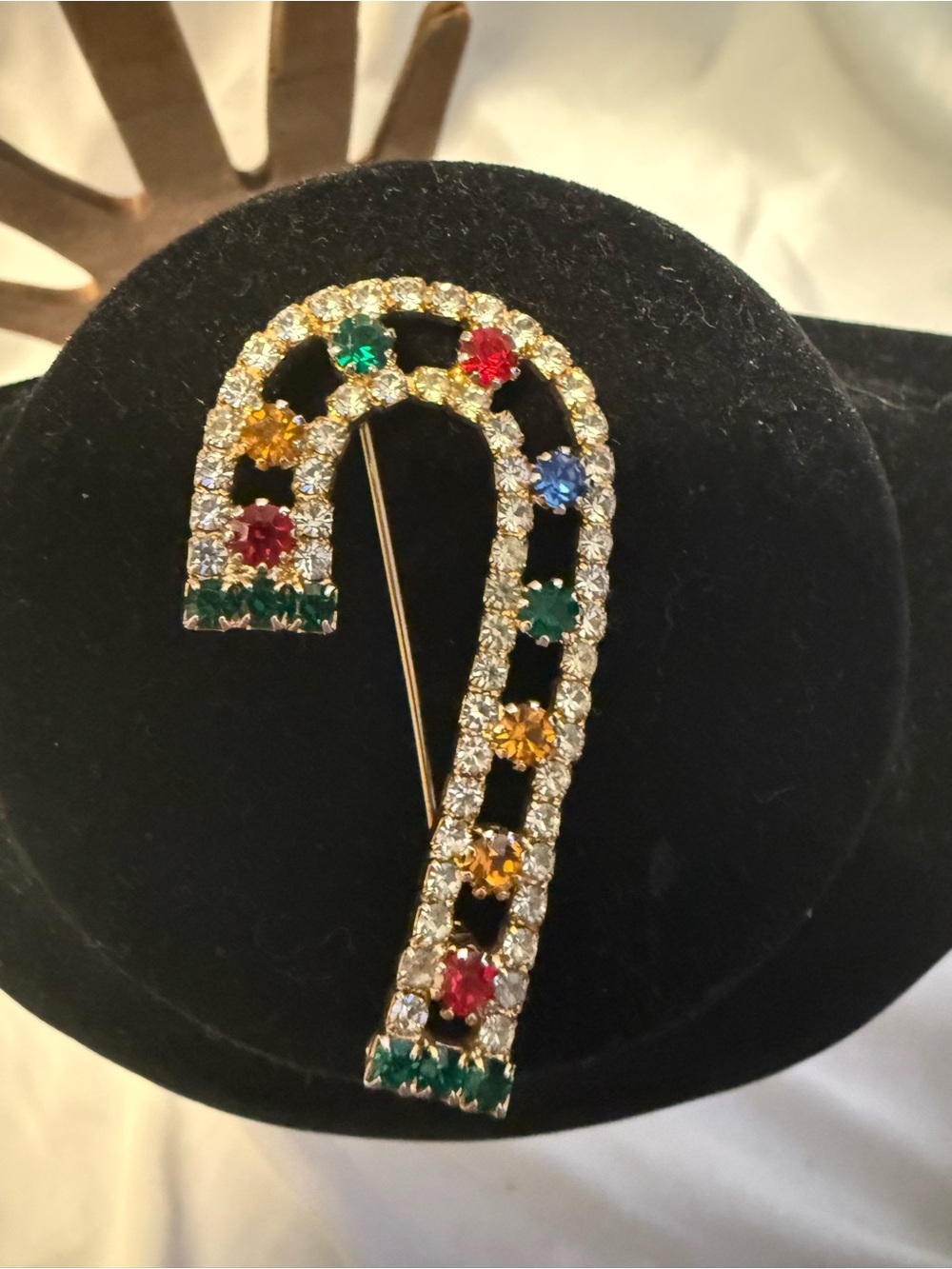 Rhinestone Candy Cane Brooch with Multicolor Stones
